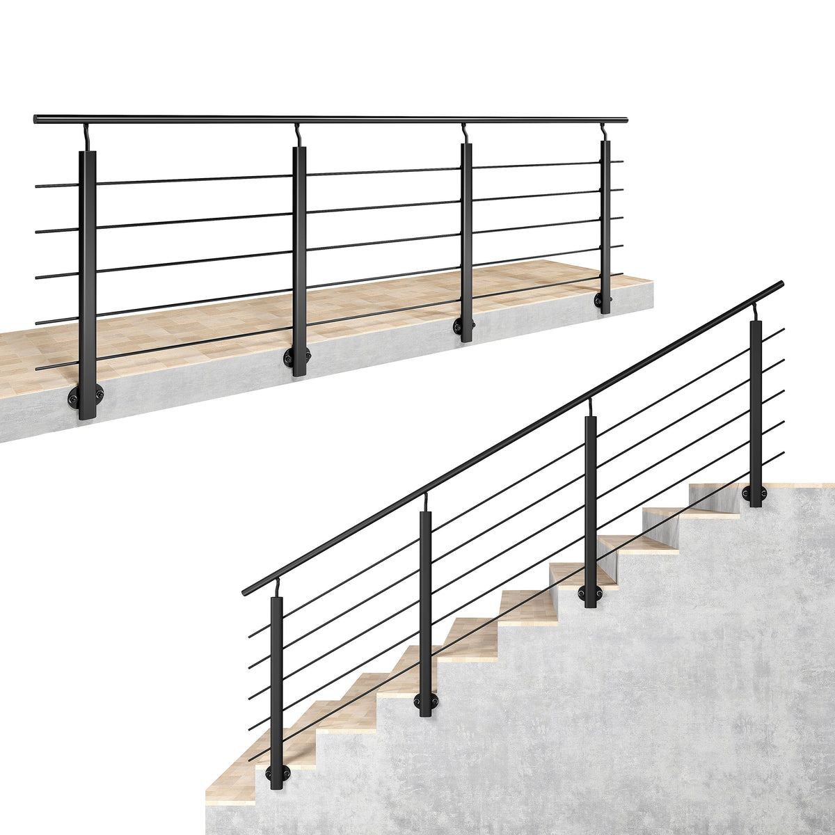 Ringhiera Balaustra in Alluminio Argento Opaco o Nero Opaco L. 100/150/200 cm a Montaggio a Parete, con Supporto di Collegamento a Parete#Nero