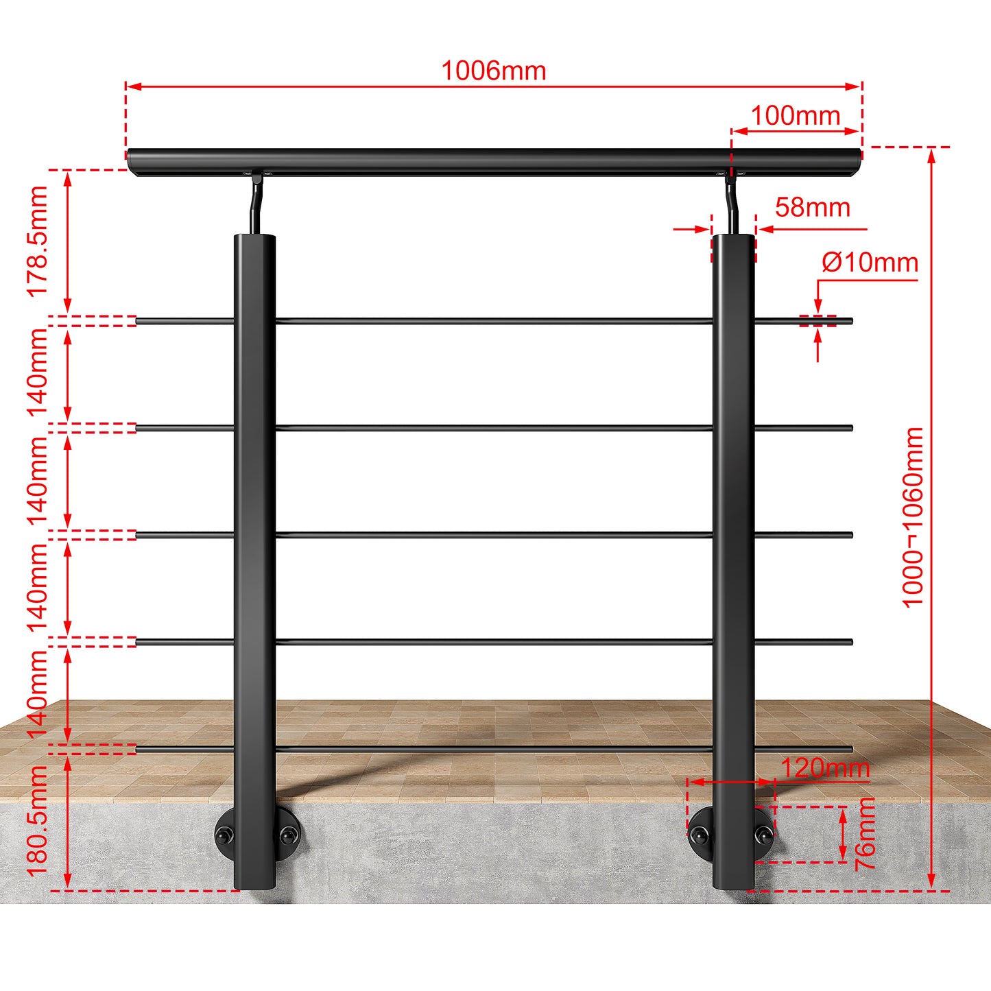 Ringhiera Balaustra in Alluminio Argento Opaco o Nero Opaco L. 100/150/200 cm a Montaggio a Parete, con Supporto di Collegamento a Parete Nero 100cm#Nero