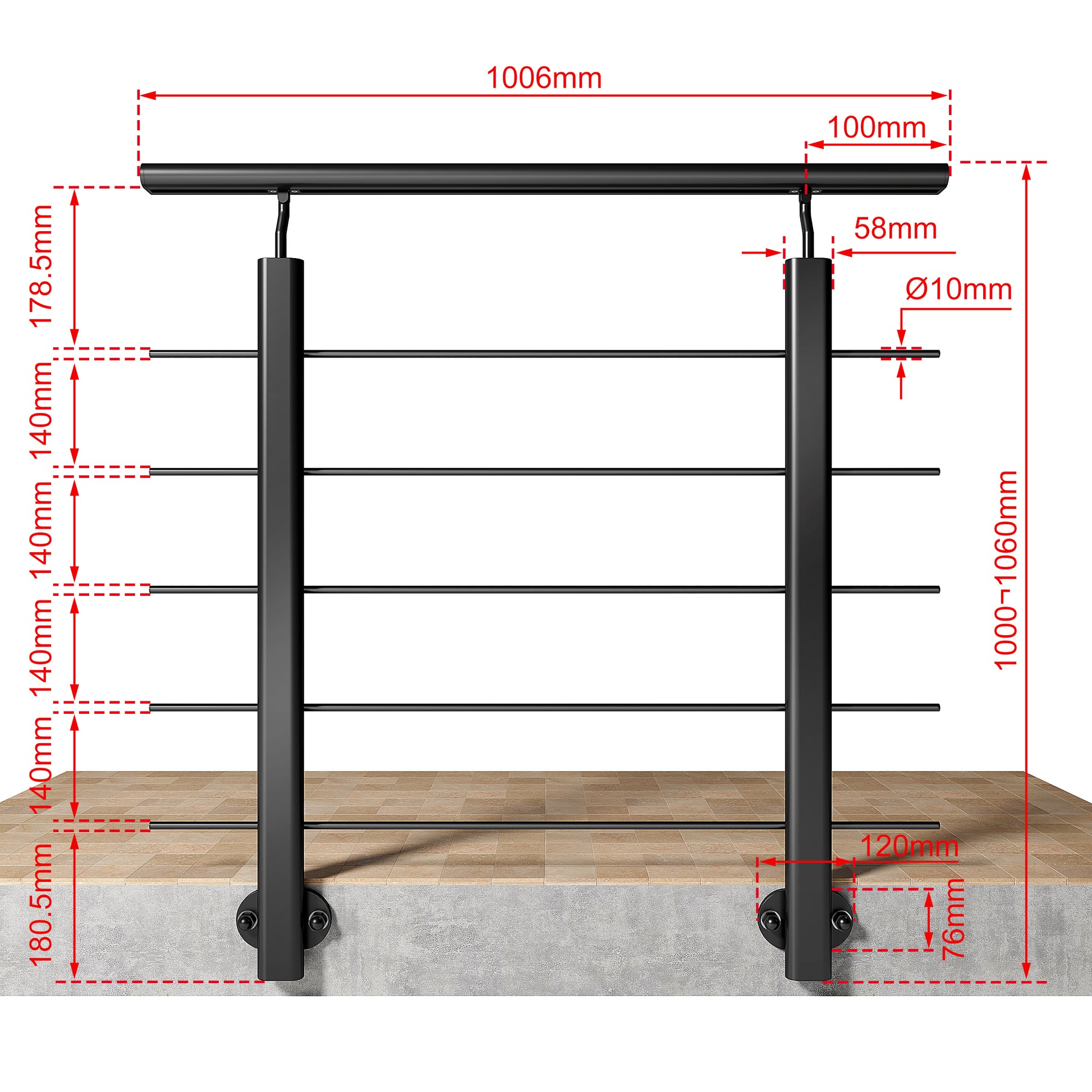 Ringhiera Balaustra in Alluminio Argento Opaco o Nero Opaco L. 100/150/200 cm a Montaggio a Parete, con Supporto di Collegamento a Parete Nero 100cm#Nero