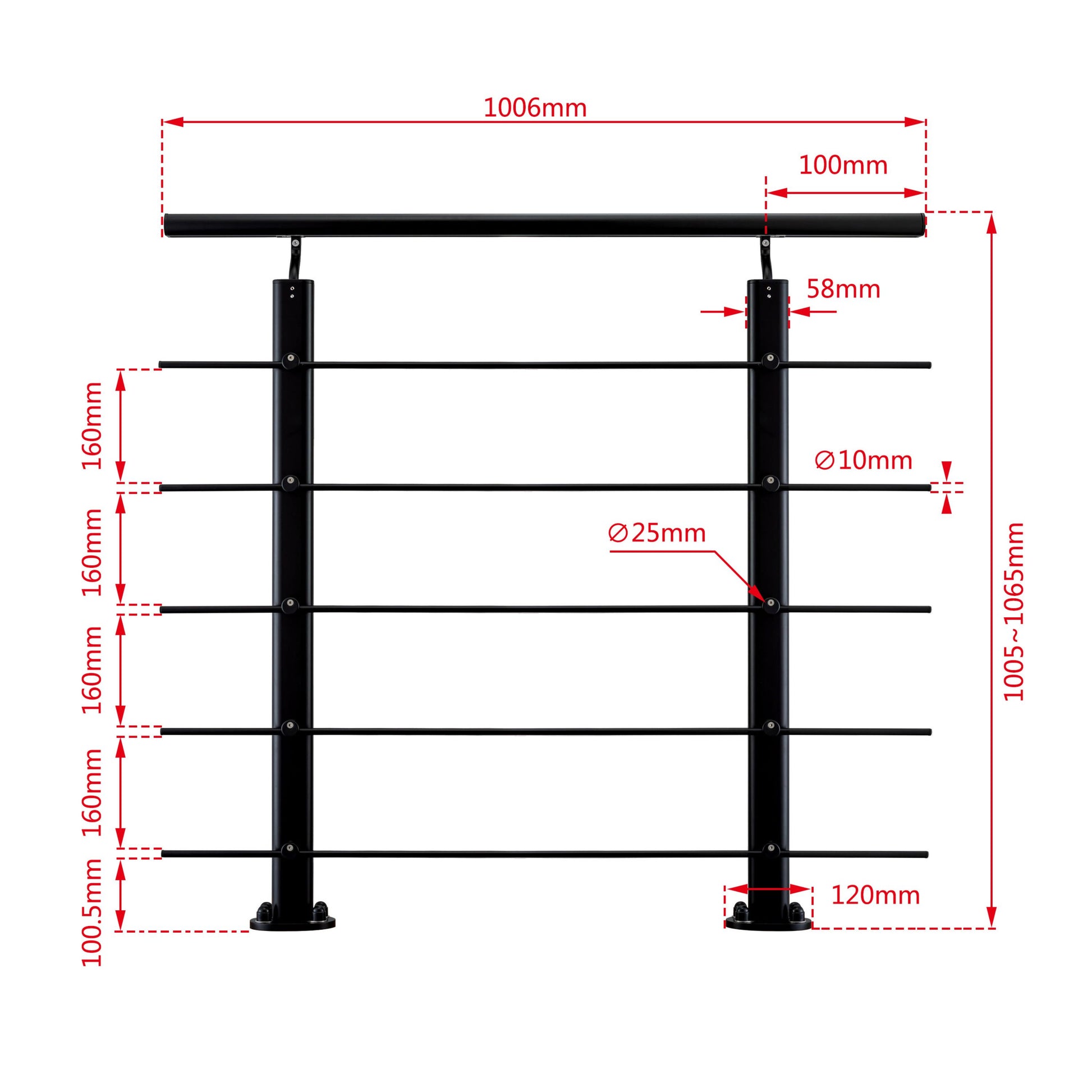 Ringhiera Parapetto in Alluminio Argento o Nero Opaco — Disponibile in 3 Misure: L. 100/150/200 cm — Montaggio a Pavimento per Interni ed Esterni Nero 100cm#Nero