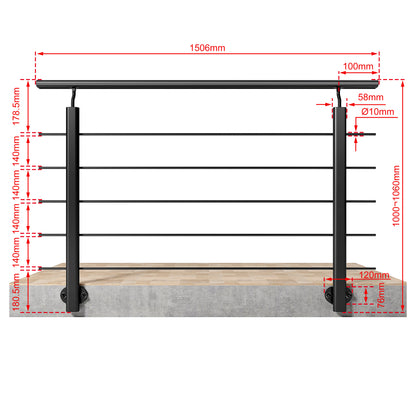 Ringhiera Balaustra in Alluminio Argento Opaco o Nero Opaco L. 100/150/200 cm a Montaggio a Parete, con Supporto di Collegamento a Parete Nero 150cm#Nero