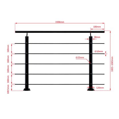 Ringhiera Parapetto in Alluminio Argento o Nero Opaco — Disponibile in 3 Misure: L. 100/150/200 cm — Montaggio a Pavimento per Interni ed Esterni Nero 150cm#Nero