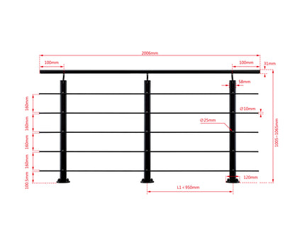 Ringhiera Parapetto in Alluminio Argento o Nero Opaco — Disponibile in 3 Misure: L. 100/150/200 cm — Montaggio a Pavimento per Interni ed Esterni Nero 200cm#Nero