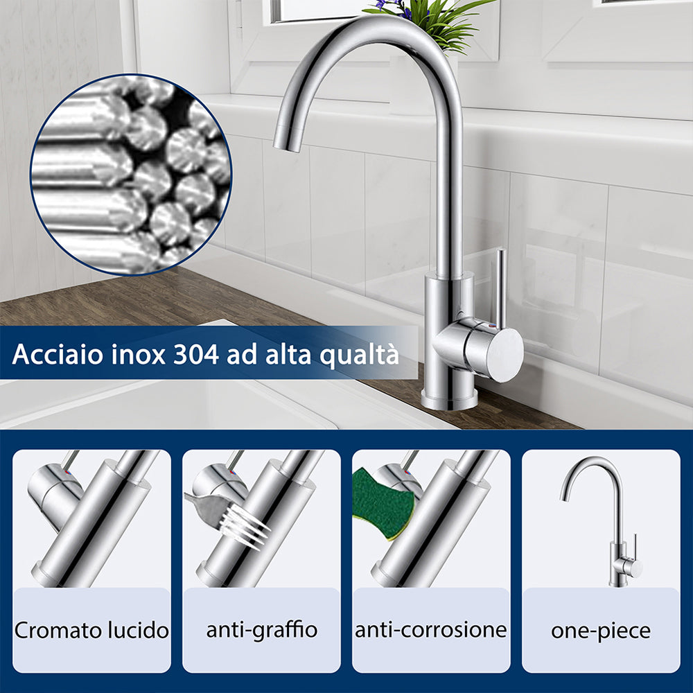 Rubinetto da Cucina, Miscelatore Monocomando per Lavello, Miscelatore Monocomando per Lavello in Acciaio Inox, Ruotabile di 360°
