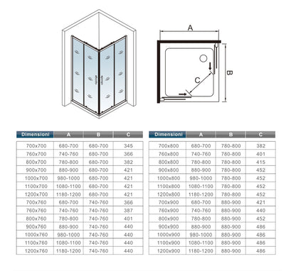 185 cm Box Doccia Angolare 70-80-90-100x70-80-90-100 cm Porte Scorrevoli Vetro Temperato 5 mm Anticalcare Fascie in Serigrafato Telaio Bianco Opaco