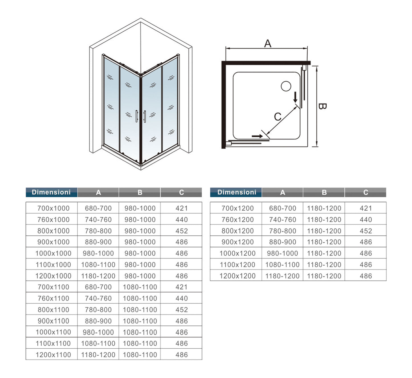 185 cm Box Doccia Angolare 70-80-90-100x70-80-90-100 cm Porte Scorrevoli Vetro Temperato 5 mm Anticalcare Fascie in Serigrafato Telaio Bianco Opaco