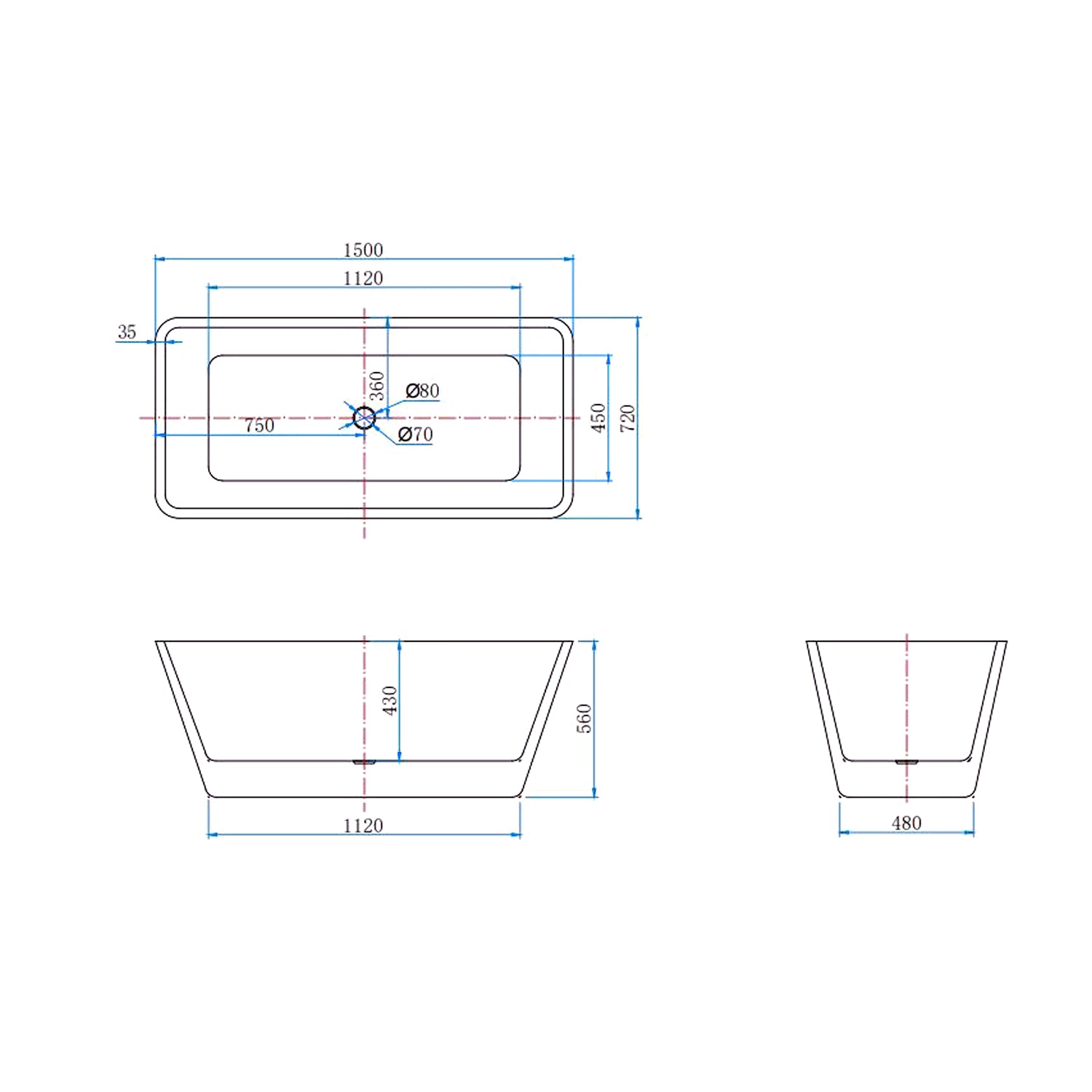 Vasca da Bagno a Isola 150x72x56/170x80x58 cm Vasca da Bagno Freestanding in Acrilico Bianco Rettangolare