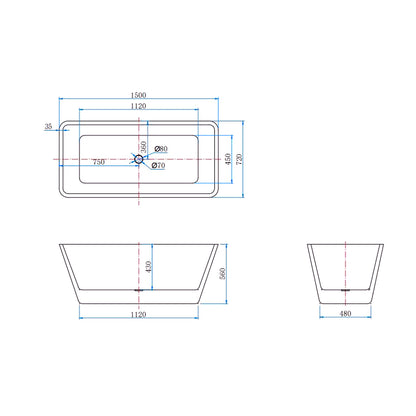 Vasca da Bagno a Isola 150x72x56/170x80x58 cm Vasca da Bagno Freestanding in Acrilico Bianco Rettangolare