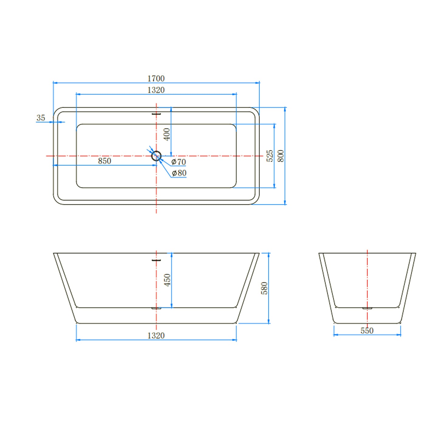 Vasca da Bagno a Isola 150x72x56/170x80x58 cm Vasca da Bagno Freestanding in Acrilico Bianco Rettangolare