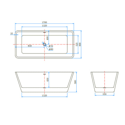 Vasca da Bagno a Isola 150x72x56/170x80x58 cm Vasca da Bagno Freestanding in Acrilico Bianco Rettangolare