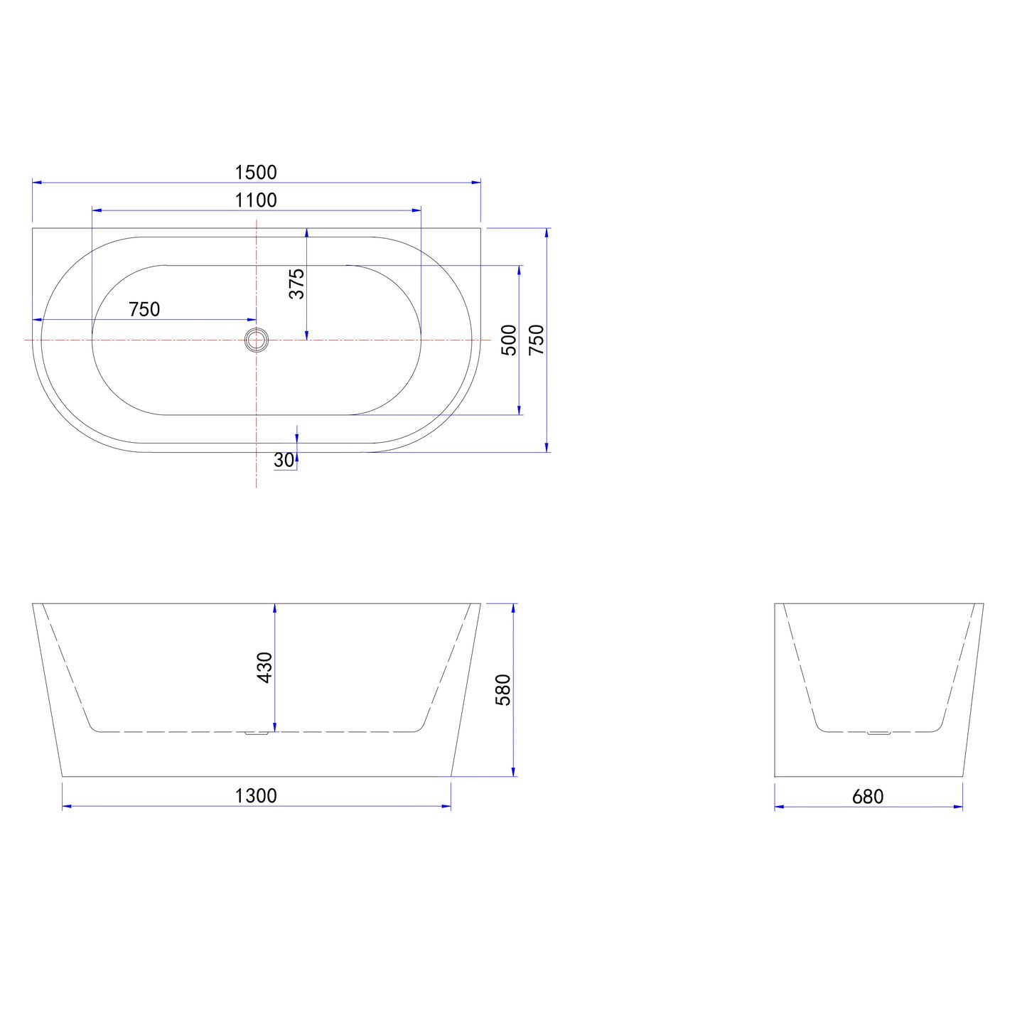 Vasca a Isola o da Parete 150x75x58 cm/170x80x60cm Vasca da Bagno Semi-Freestanding in Acrilico Bianco Ovale