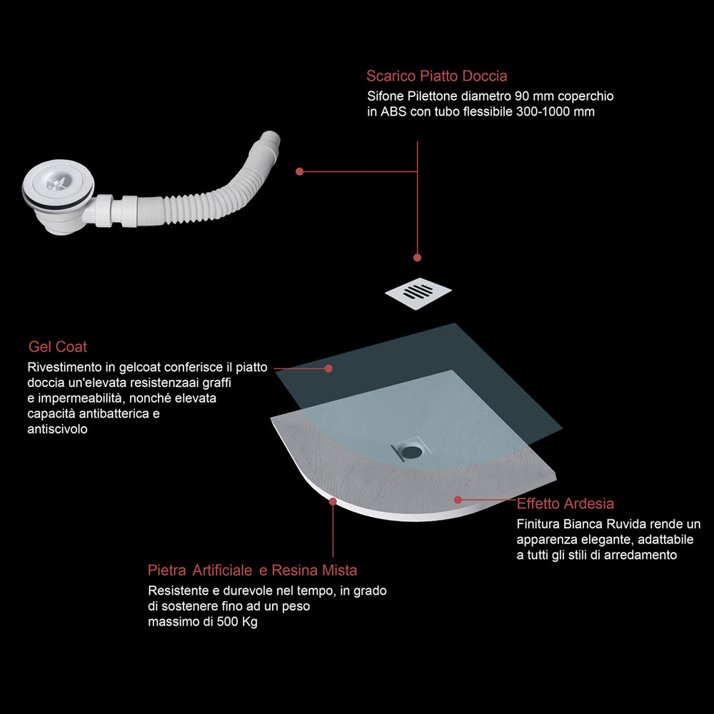 Piatto Doccia Bianco Semicircolare in Pietra Artificiale e Mesina Mista Effetto Ardesia Ruvido Piletta e Tubo inclusi