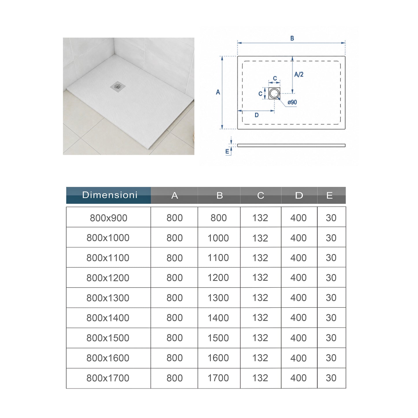 Piatto Doccia Bianco in Marmo Resina Mista Effetto Ardesia Ruvido Piletta e Tubo inclusi Spessore di 3cm Ultraslim (Copy)
