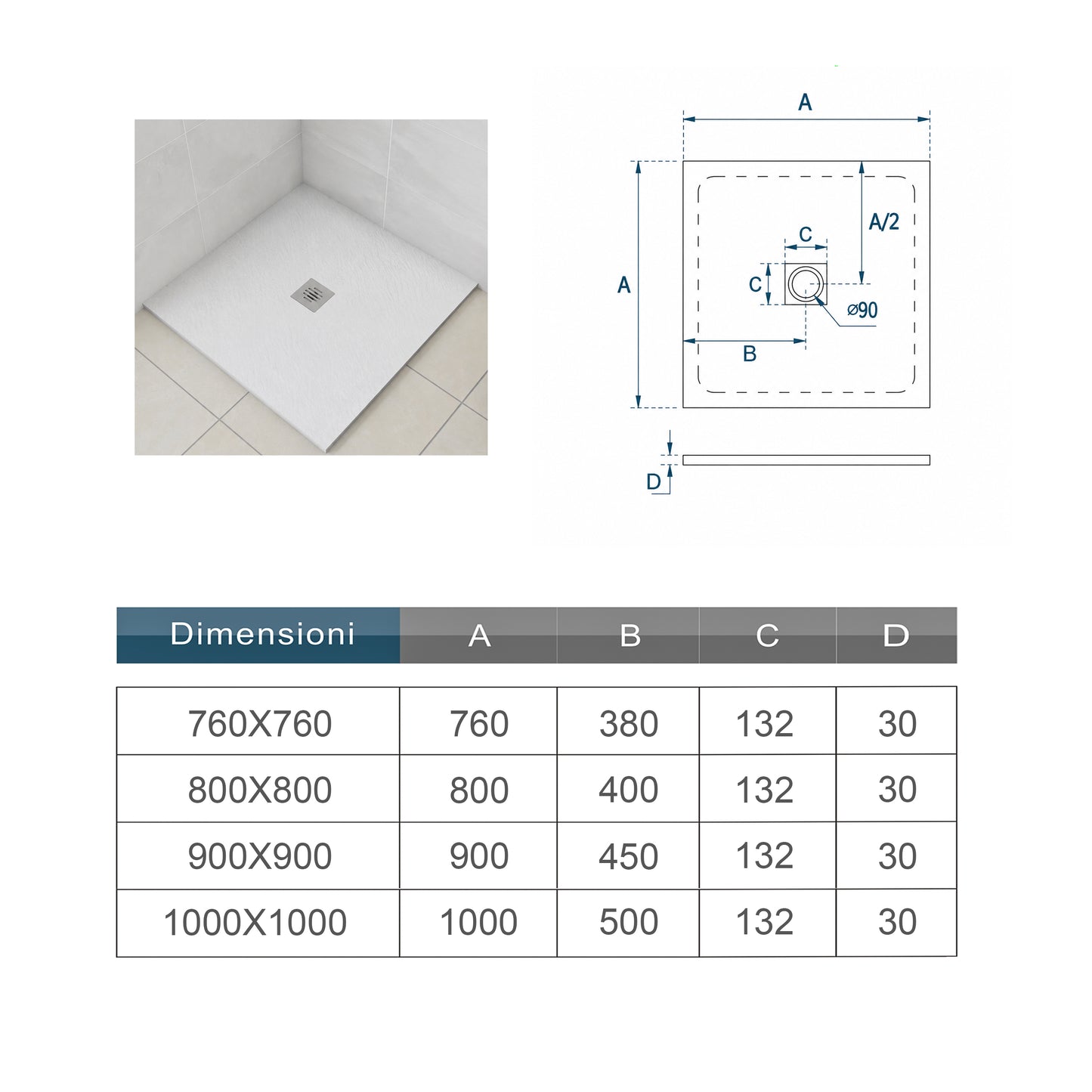 Piatto Doccia Bianco in Marmo Resina Mista Effetto Ardesia Ruvido Piletta e Tubo inclusi Spessore di 3cm Ultraslim (Copy)