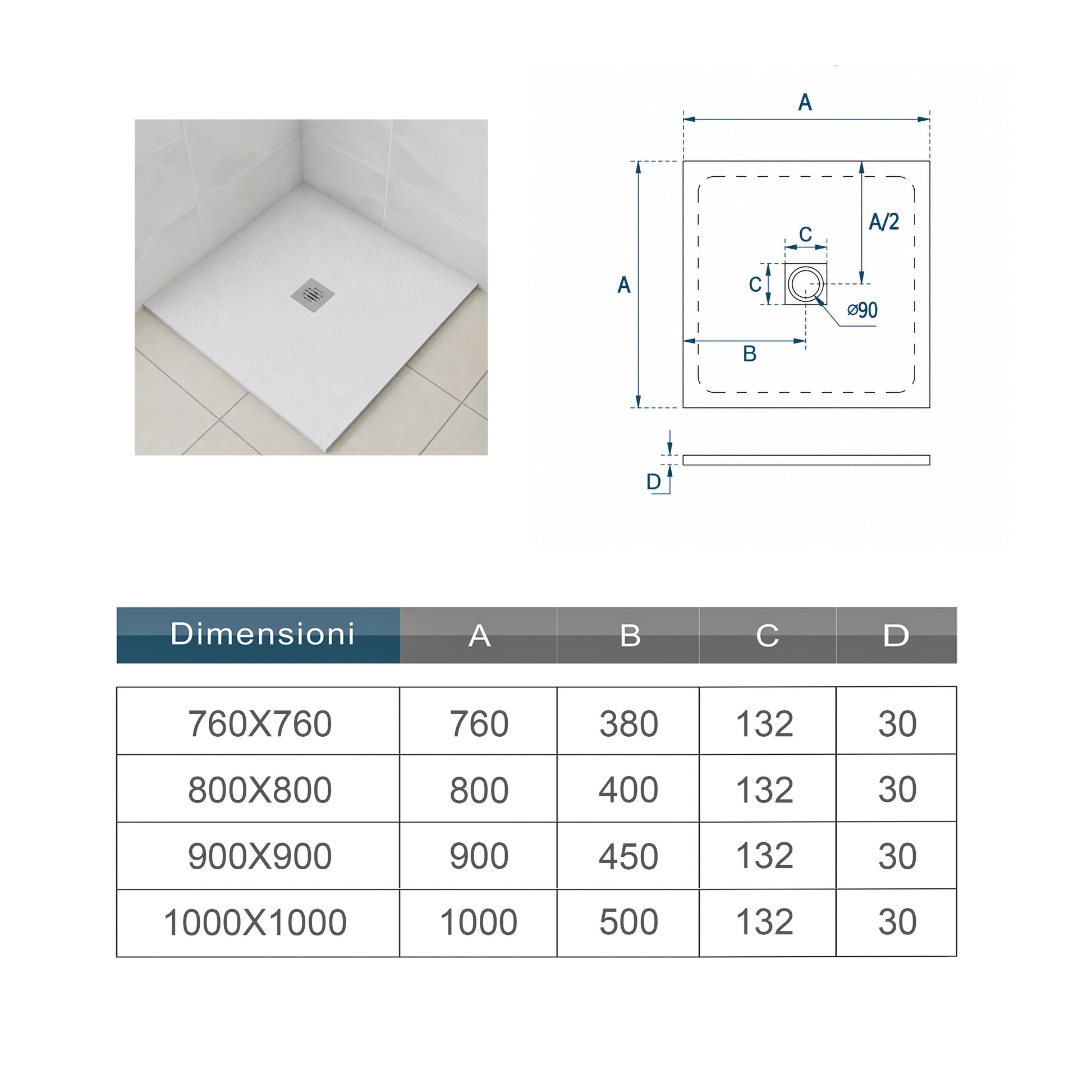 Piatto Doccia Bianco in Marmo Resina Mista Effetto Ardesia Ruvido Piletta e Tubo inclusi Spessore di 3cm Ultraslim (Copy)