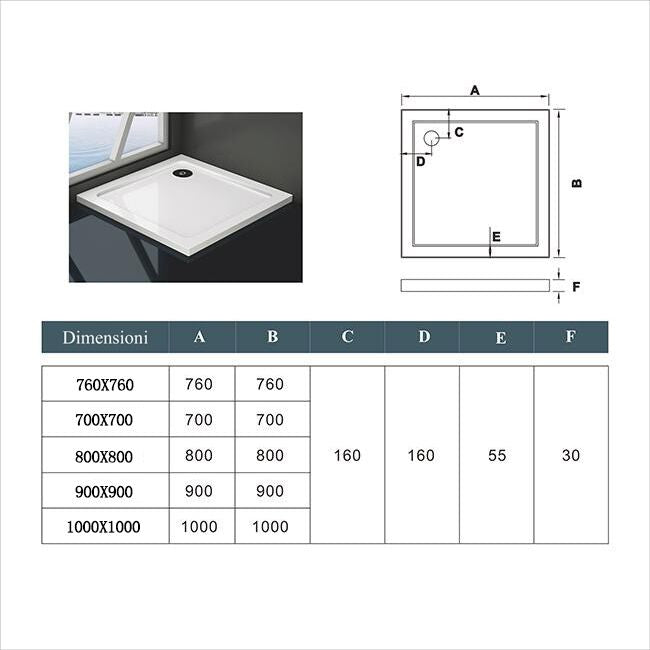 Aica Piatto Doccia Rettangolare Bianco Lucido Antiscivolo Antibatterico Ultraslim 3cm In Marmo e Resina Mista Dimensioni Multiple