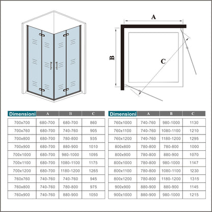 185cm Box Doccia Angolare Doppia Porta Battente Pieghevole Vetro Temperato Trasparente 6 mm Anticalcare Telaio Dorato Spazzolato