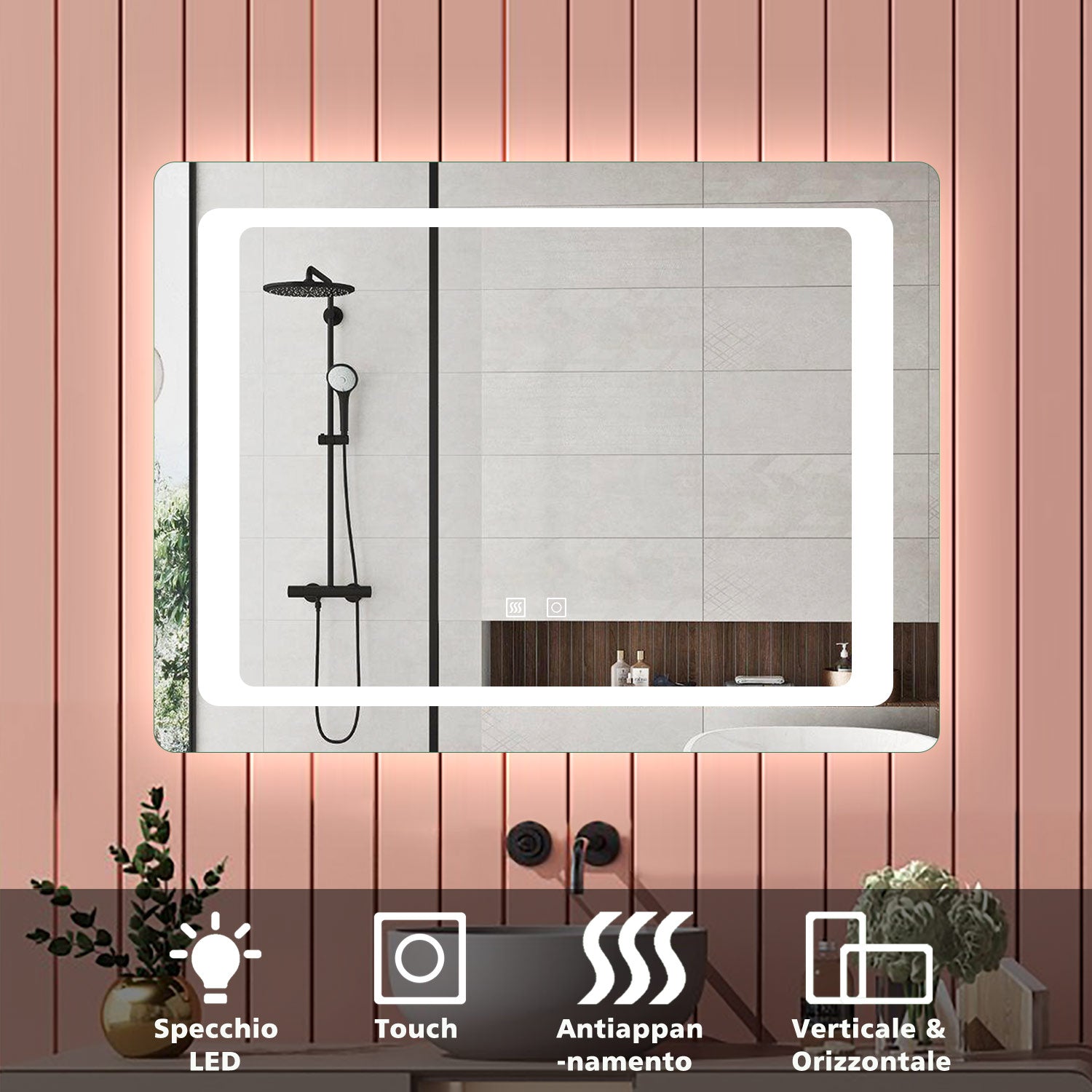Aica 90×65cm Specchio da Bagno LED Quadrato, Anti Nebbia, Doppio Controllo Intelligente 80x60 - Consegna gratuita