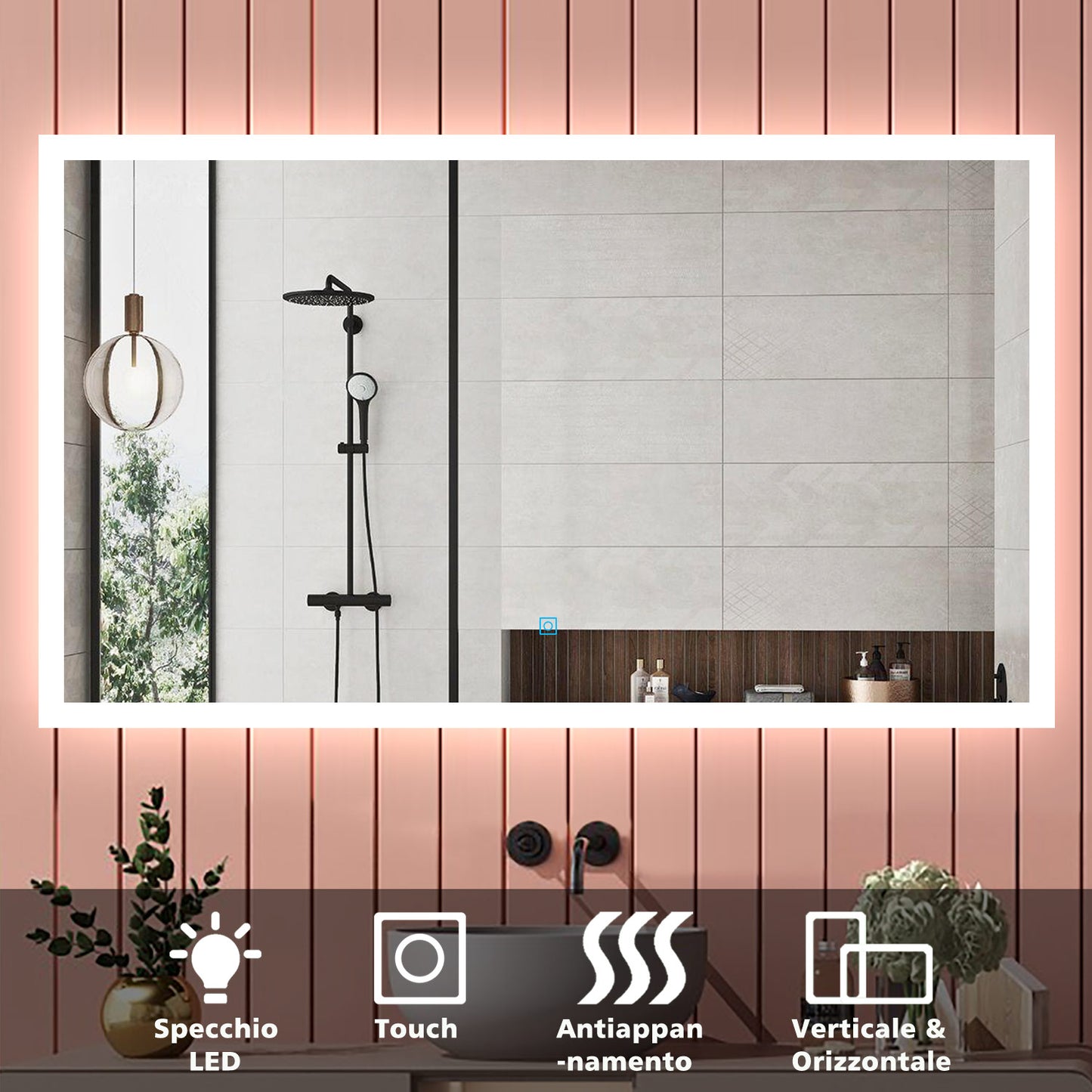 Aica Specchio quadrato cm 100??60 da parete con Led, Anti-appannamento, Luce Bianca 6000K, IP44