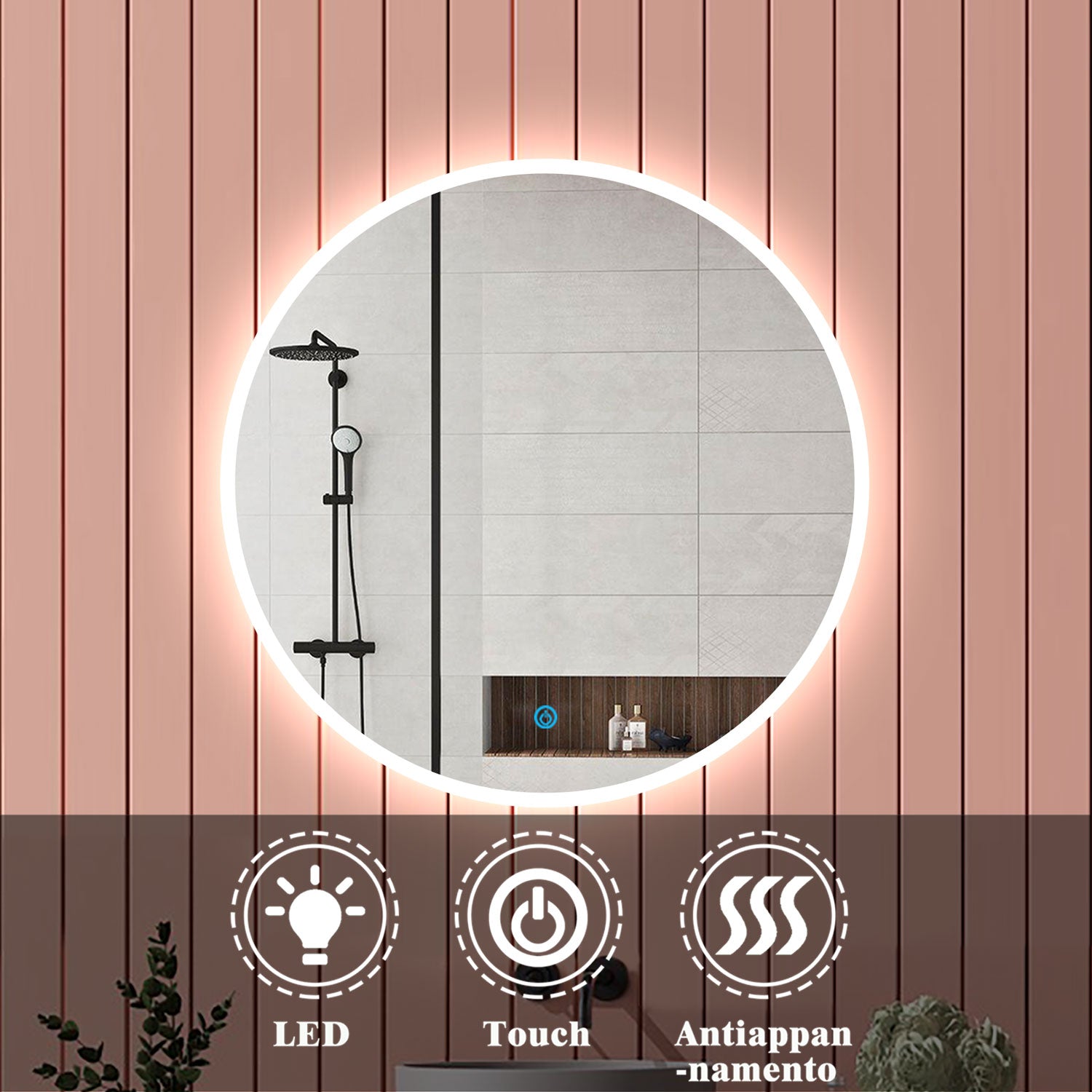 Aica Specchio da bagno rotondo da parete con LED , Anti-appannamento, Luce Bianca Fredda 6000K, Tocco Intelligente, Retroilluminato