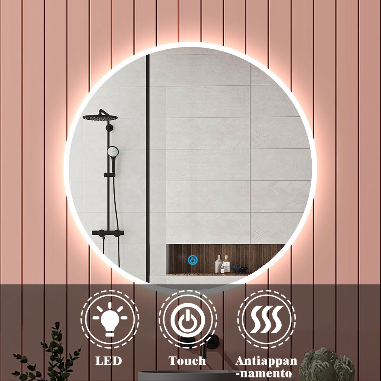 Aica Specchio da bagno rotondo da parete con LED , Anti-appannamento, Luce Bianca Fredda 6000K, Tocco Intelligente, Retroilluminato