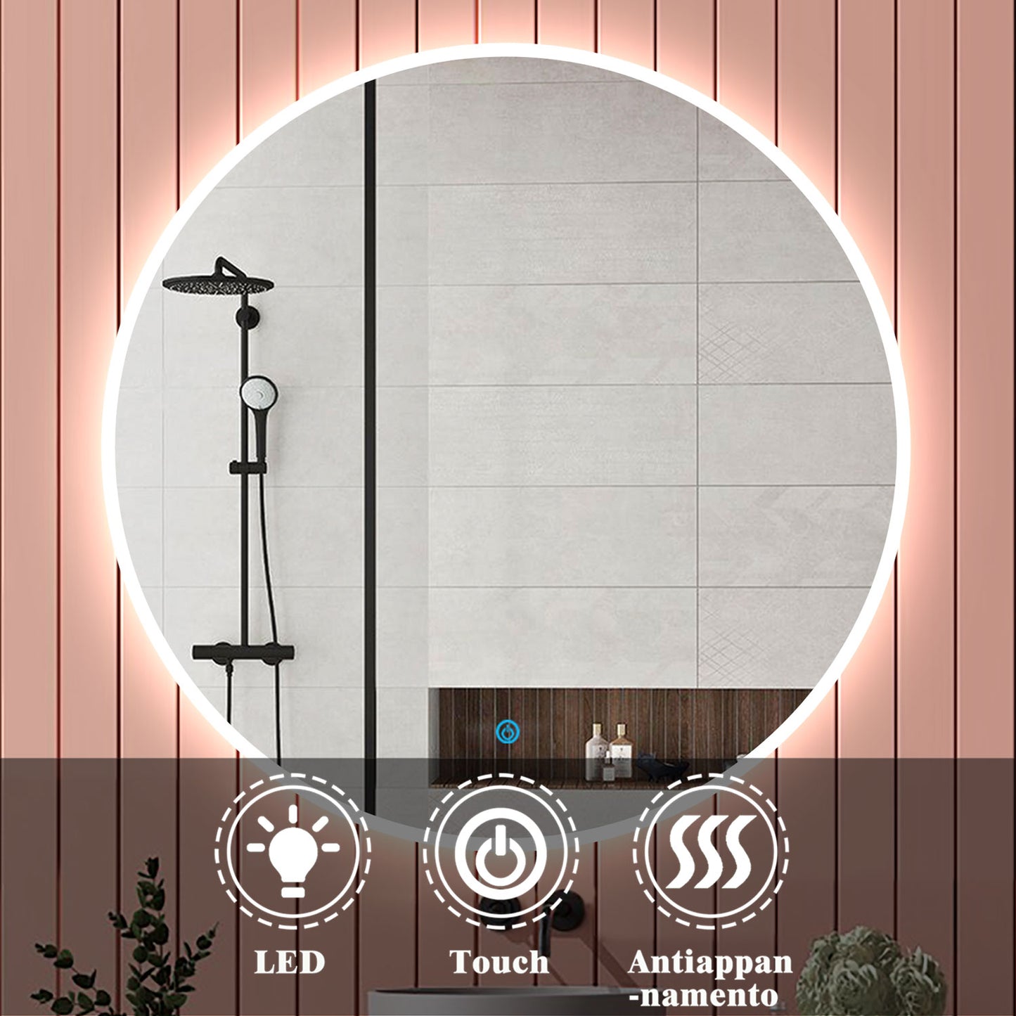 Aica Specchio da bagno rotondo da parete con LED , Anti-appannamento, Luce Bianca Fredda 6000K, Tocco Intelligente, Retroilluminato Cerchio di luce sottile sul bordo 120 × 120cm
