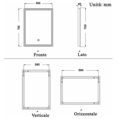 Specchio da Bagno Quadrato 50X70 cm a LED, Specchio da Trucco, Luce Bianca Morbida 6000K, Interruttore Tattile
