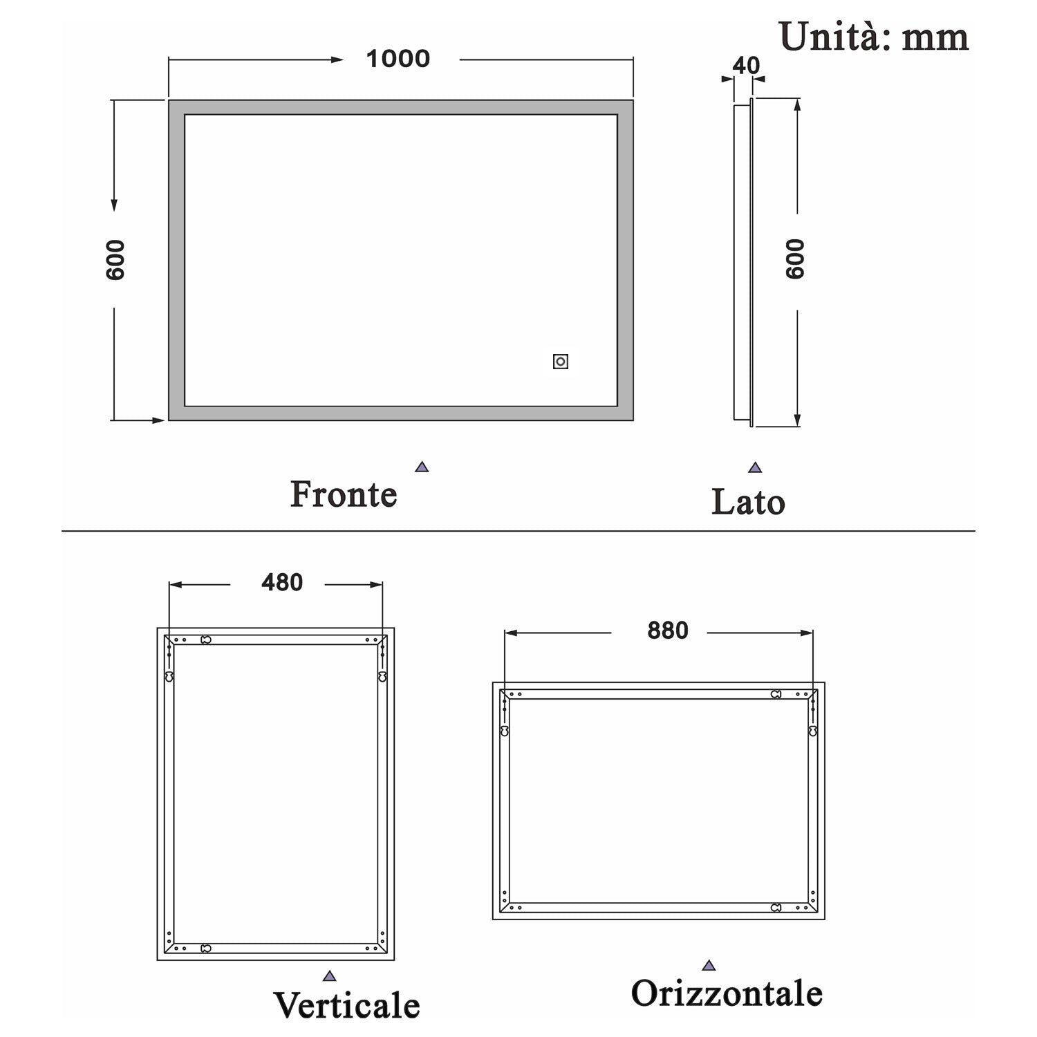 Aica Specchio quadrato cm 100??60 da parete con Led, Anti-appannamento, Luce Bianca 6000K, IP44