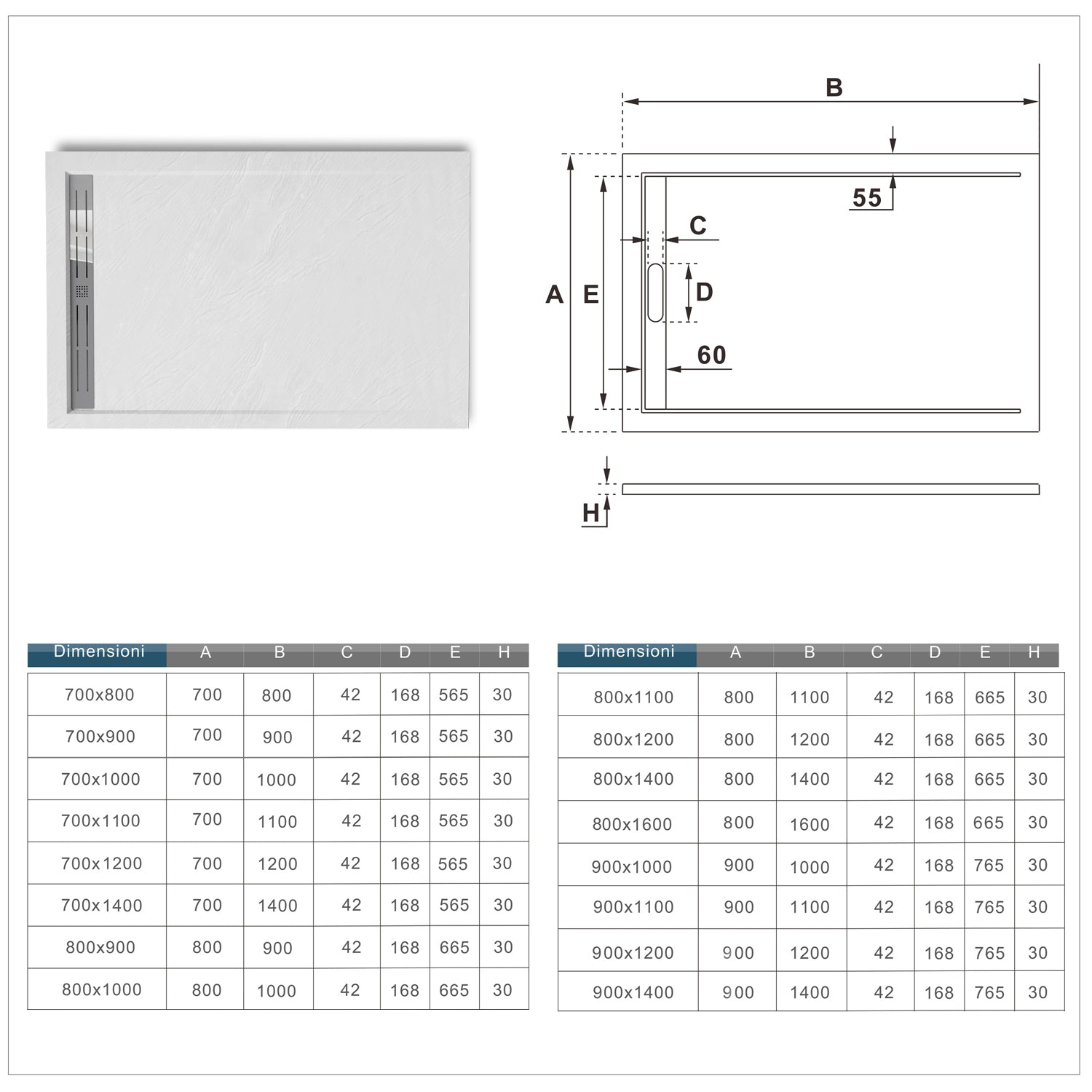 Aica Piatto Doccia Rettangolare In Pietra Vulcanica e Resina Mista Finitura Pietra Bianca Ruvida Ultraslim 3 cm Antiscivolo Antibatterico
