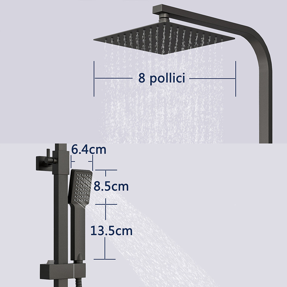 AICA Colonna Doccia con Miscelatore Termostatico, Soffione Doccia Quadrato in Acciaio Inox 20x20cm, Altezza Regolabile 80-120cm Nero Opaco