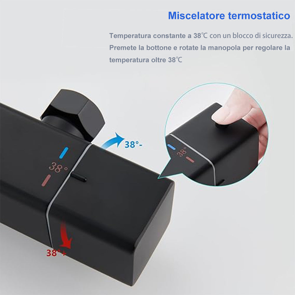 AICA Colonna Doccia con Miscelatore Termostatico, Rubinetto Doccia 300x45mm, Soffione Doccia Quadrato in Acciaio Inox 25x25cm, Altezza Regolabile, Set Doccia Completo, Nero opaco / Cromato