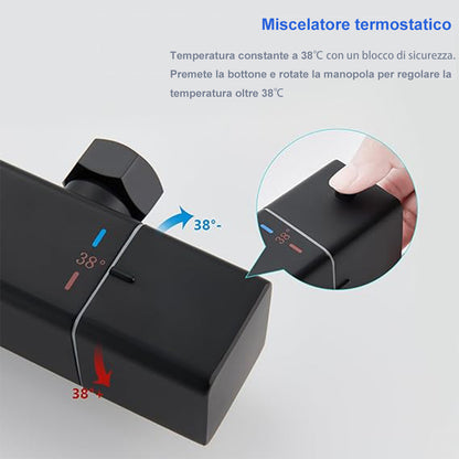 AICA Colonna Doccia con Miscelatore Termostatico, Rubinetto Doccia 300x45mm, Soffione Doccia Quadrato in Acciaio Inox 25x25cm, Altezza Regolabile, Set Doccia Completo, Nero opaco / Cromato