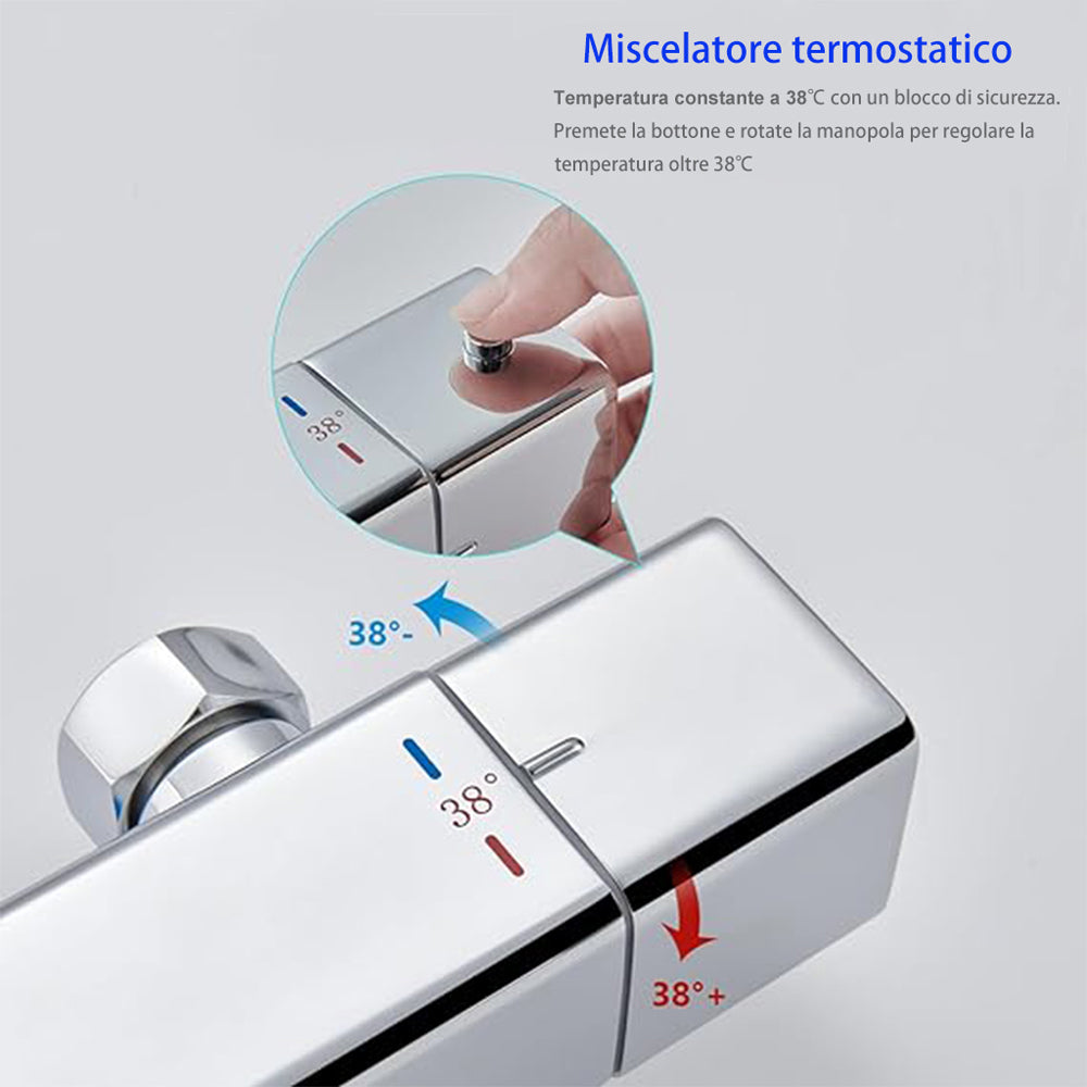 AICA Colonna Doccia con Miscelatore Termostatico, Rubinetto Doccia 300x45mm, Soffione Doccia Quadrato in Acciaio Inox 25x25cm, Altezza Regolabile, Set Doccia Completo, Nero opaco / Cromato