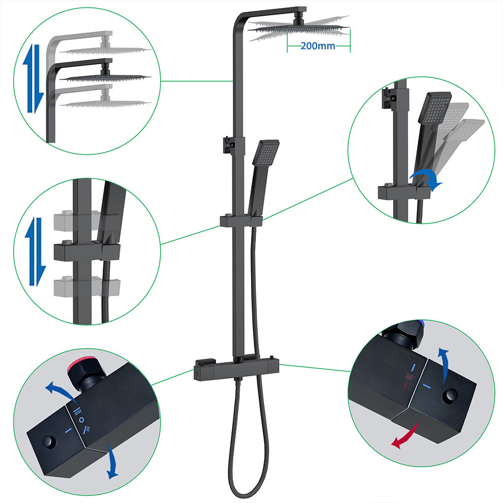 AICA Colonna Doccia con Miscelatore Termostatico, Soffione Doccia Quadrato in Acciaio Inox, Set Doccia Completo, Altezza Regolabile, Rubinetto Doccia, Cromato ou Matt Black