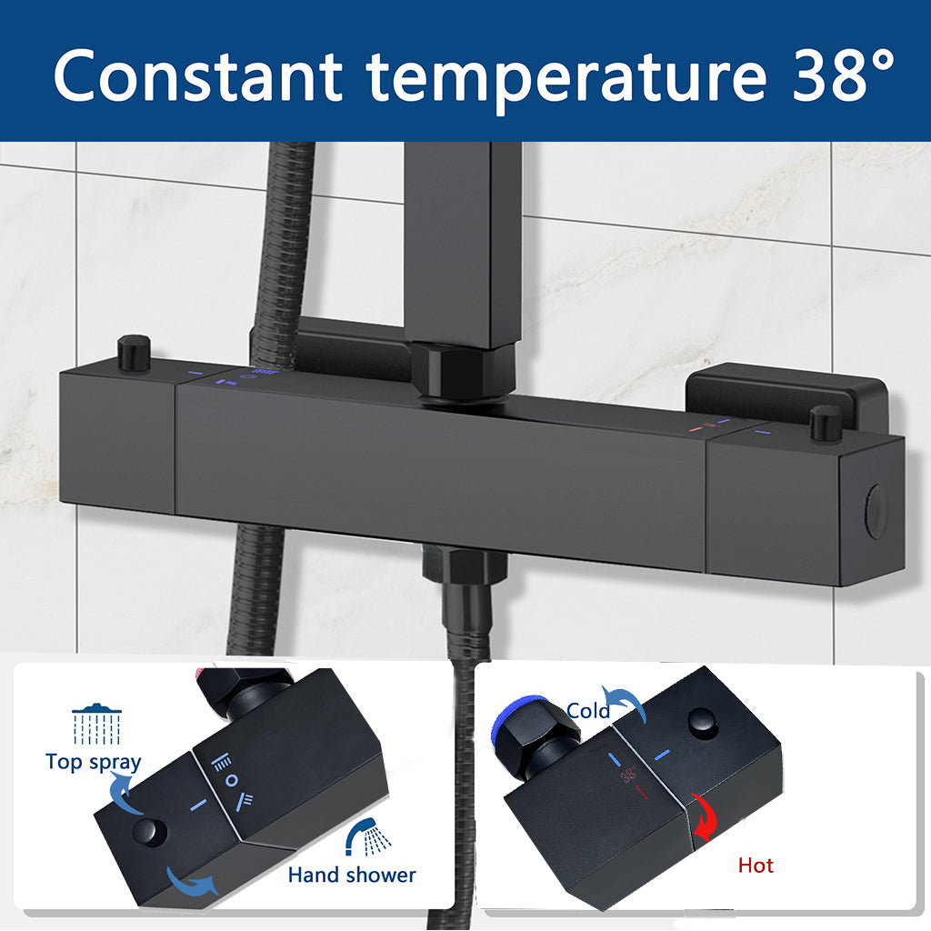 AICA Colonna Doccia con Miscelatore Termostatico, Soffione Doccia Quadrato in Acciaio Inox, Set Doccia Completo, Altezza Regolabile, Rubinetto Doccia, Cromato ou Matt Black