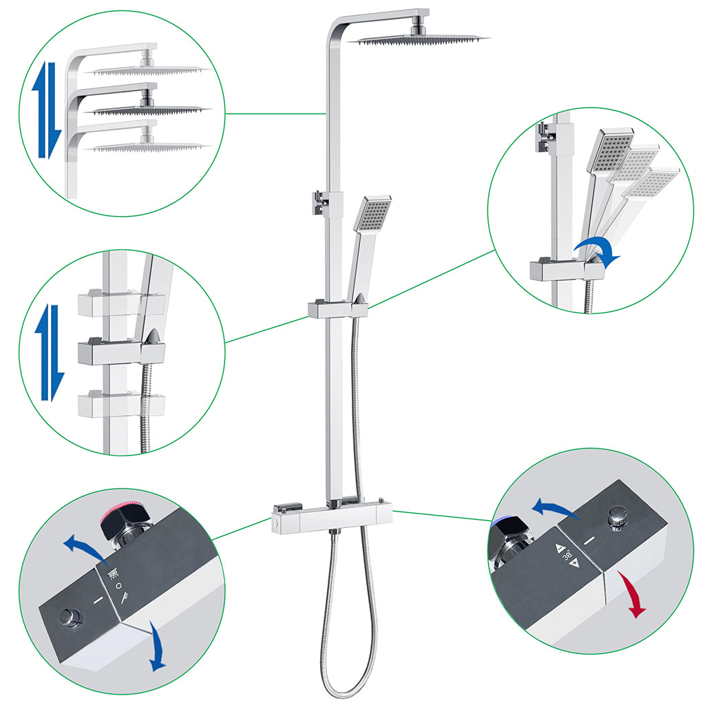 AICA Colonna Doccia con Miscelatore Termostatico, Soffione Doccia Quadrato in Acciaio Inox, Set Doccia Completo, Altezza Regolabile, Rubinetto Doccia, Cromato ou Matt Black