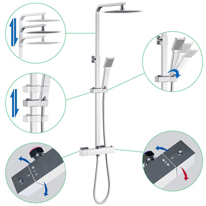 AICA Colonna Doccia con Miscelatore Termostatico, Soffione Doccia Quadrato in Acciaio Inox, Set Doccia Completo, Altezza Regolabile, Rubinetto Doccia, Cromato ou Matt Black