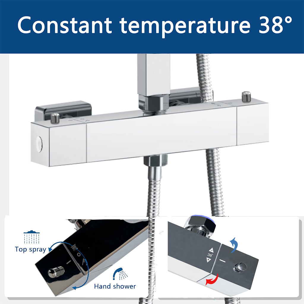 AICA Colonna Doccia con Miscelatore Termostatico, Soffione Doccia Quadrato in Acciaio Inox, Set Doccia Completo, Altezza Regolabile, Rubinetto Doccia, Cromato ou Matt Black