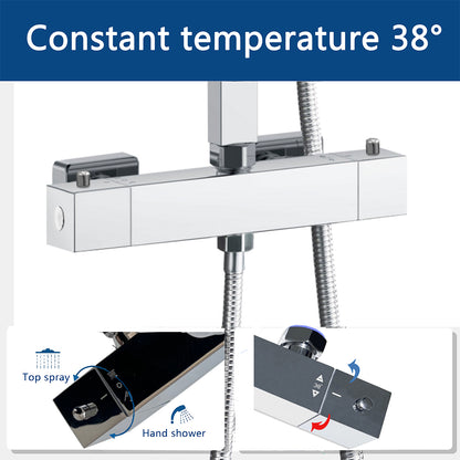 AICA Colonna Doccia con Miscelatore Termostatico, Soffione Doccia Quadrato in Acciaio Inox, Set Doccia Completo, Altezza Regolabile, Rubinetto Doccia, Cromato ou Matt Black