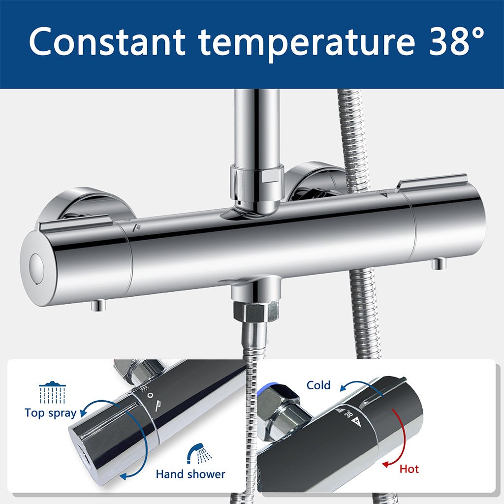 AICA Colonna Doccia con Miscelatore Termostatico, Set Doccia Completo, Rubinetto Doccia, Soffione Doccia Quadrato in Acciaio Inox, Altezza Regolabile, Matt Black / Cromato