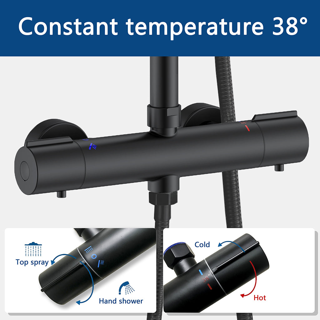 AICA Colonna Doccia con Miscelatore Termostatico, Set Doccia Completo, Soffione Doccia Tondo in Acciaio Inox, Altezza Regolabile, Rubinetto Doccia, Matt Black / Cromato