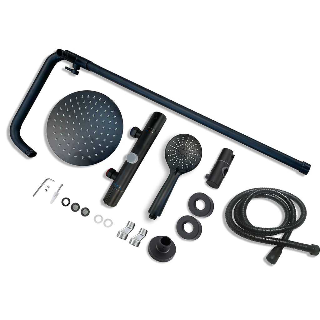 AICA Colonna Doccia con Miscelatore Termostatico, Set Doccia Completo, Soffione Doccia Tondo in Acciaio Inox, Altezza Regolabile, Rubinetto Doccia, Matt Black / Cromato