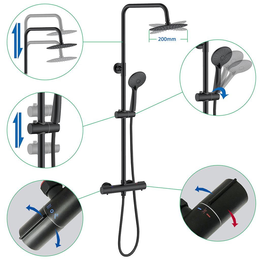 AICA Colonna Doccia con Miscelatore Termostatico, Set Doccia Completo, Soffione Doccia Tondo in Acciaio Inox, Altezza Regolabile, Rubinetto Doccia, Matt Black / Cromato