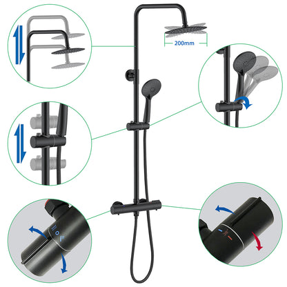AICA Colonna Doccia con Miscelatore Termostatico, Set Doccia Completo, Soffione Doccia Tondo in Acciaio Inox, Altezza Regolabile, Rubinetto Doccia, Matt Black / Cromato
