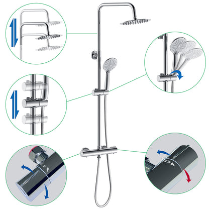 AICA Colonna Doccia con Miscelatore Termostatico, Set Doccia Completo, Soffione Doccia Tondo in Acciaio Inox, Altezza Regolabile, Rubinetto Doccia, Matt Black / Cromato
