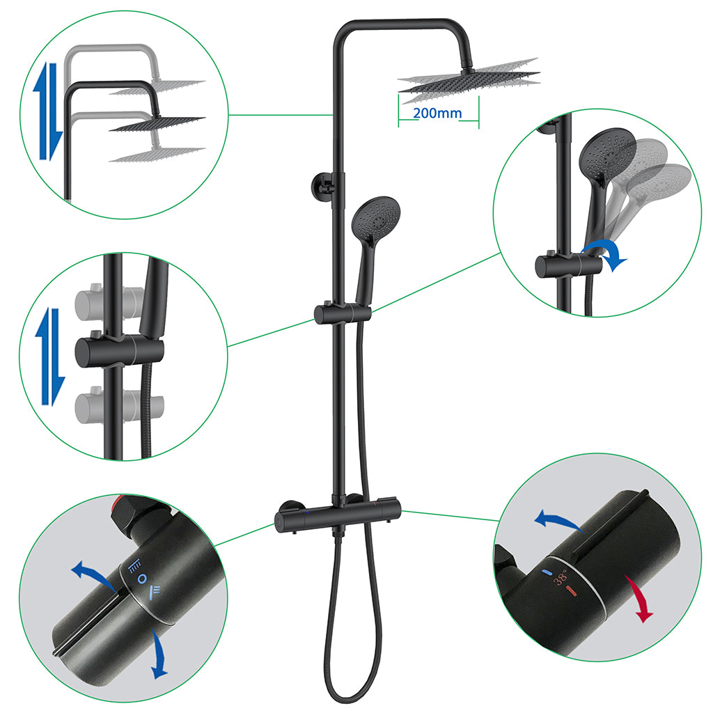 AICA Colonna Doccia con Miscelatore Termostatico, Set Doccia Completo, Rubinetto Doccia, Soffione Doccia Quadrato in Acciaio Inox, Altezza Regolabile, Matt Black / Cromato