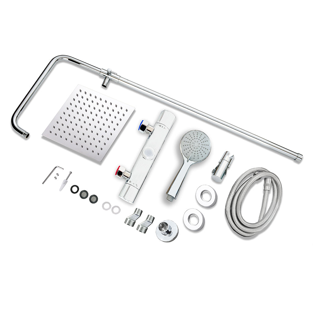 AICA Colonna Doccia con Miscelatore Termostatico, Set Doccia Completo, Rubinetto Doccia, Soffione Doccia Quadrato in Acciaio Inox, Altezza Regolabile, Matt Black / Cromato
