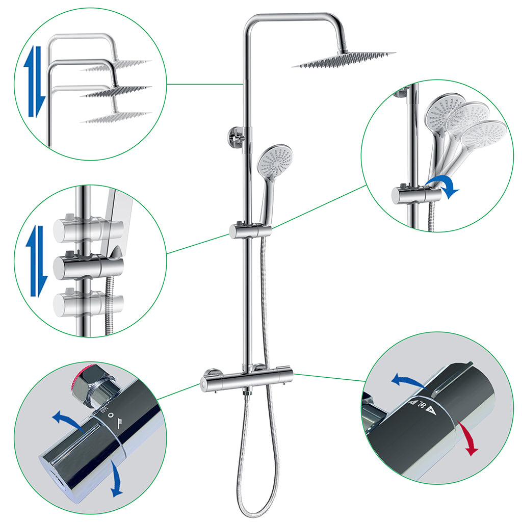 AICA Colonna Doccia con Miscelatore Termostatico, Set Doccia Completo, Rubinetto Doccia, Soffione Doccia Quadrato in Acciaio Inox, Altezza Regolabile, Matt Black / Cromato