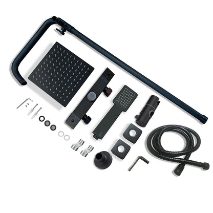 AICA Colonna Doccia con Miscelatore Termostatico, Rubinetto Doccia, Soffione Doccia Quadrato in Acciaio Inox, Altezza Regolabile, Set Doccia Completo, Matt Black / Cromato