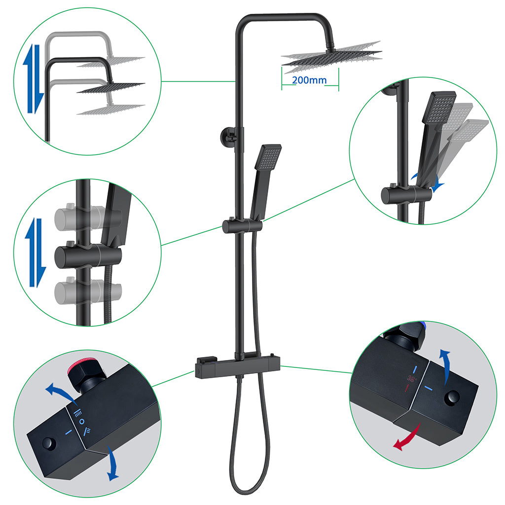 AICA Colonna Doccia con Miscelatore Termostatico, Rubinetto Doccia, Soffione Doccia Quadrato in Acciaio Inox, Altezza Regolabile, Set Doccia Completo, Matt Black / Cromato